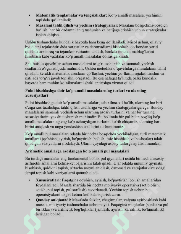 Pulni hisoblashga doir kòp amalli masalalar yechish ustida ishlash metodikasi 2