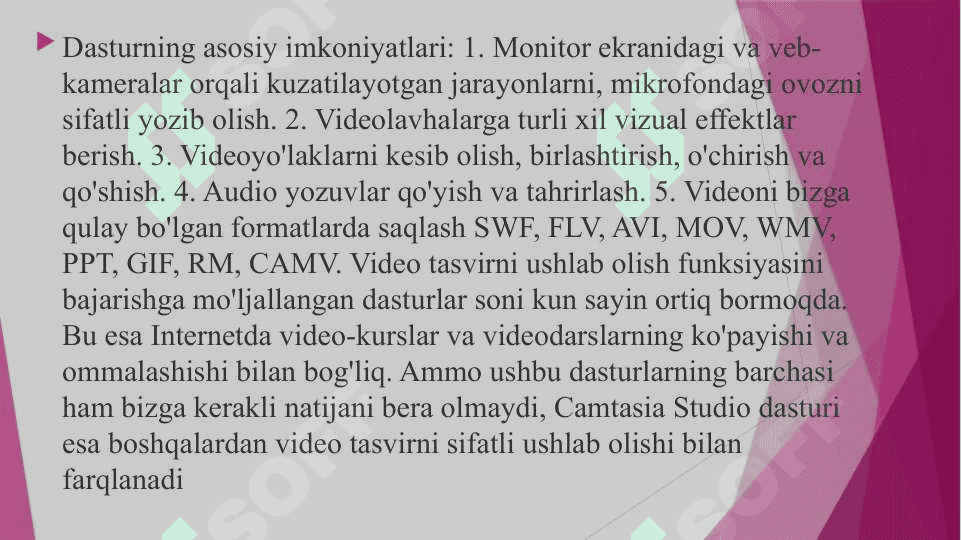 Camtasia Studio, Ispring CamPro, Capture, Bandicam dasturlari va ularning imkonyatlari 7