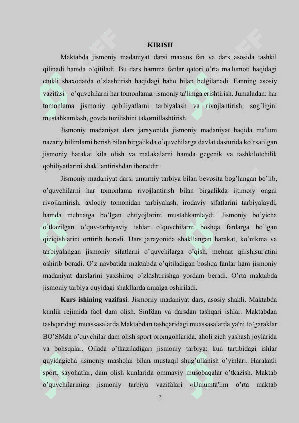 Jismoniy madaniyat darsining mazmuni. 2