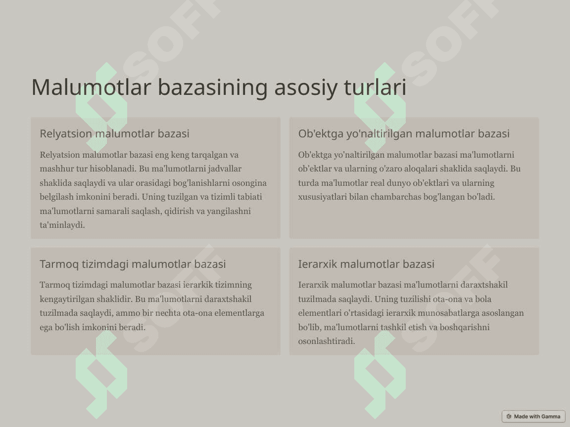 Malumotlar bazasi turlari va xususiyatlari 2
