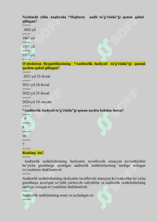 Audit fanidan test 500 talik javobi bilan 2