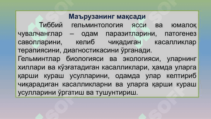 Тиббий гельминтология:  тасмасимон чувалчанглар. 2