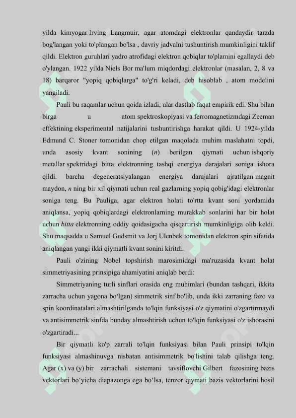 Pauli prinspi. D.I Mendeleyevning elementlar davriy sistemasi, vodorod molekulasi, molekulalarning o'zaro almashib ta’sirlashishi 3
