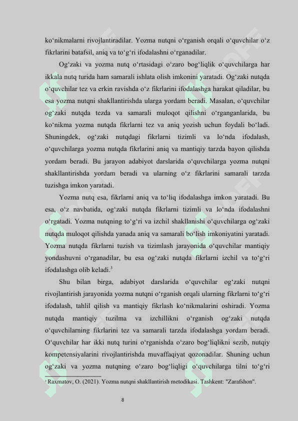 Akademik litsey adabiyot darslarida og‘zaki va yozma nutqni o‘stirish usullari   kurs ishi 8