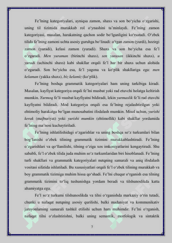 Hozirgi o‘zbek adabiy tilida fe’l so'z turkumi 7