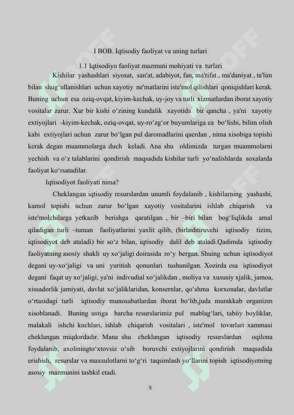 Iqtisodiy faoliyat va uning turlari. kurs ishi 5