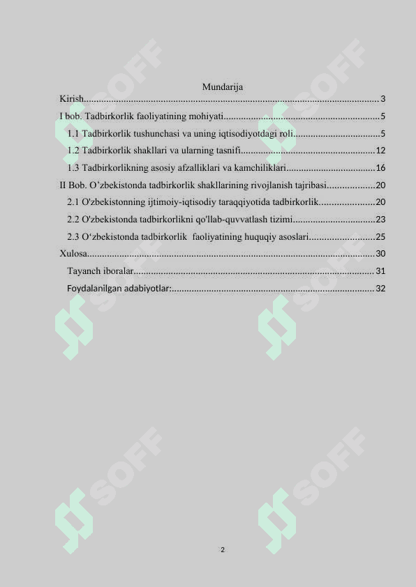 Tadbirkorlik faoliyatining asosiy shakllari. kurs ishi 2