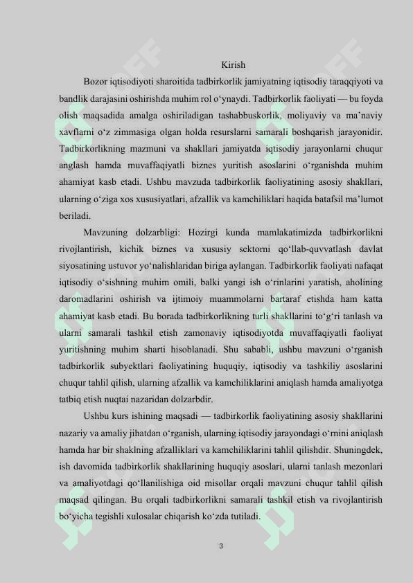 Tadbirkorlik faoliyatining asosiy shakllari. kurs ishi 3