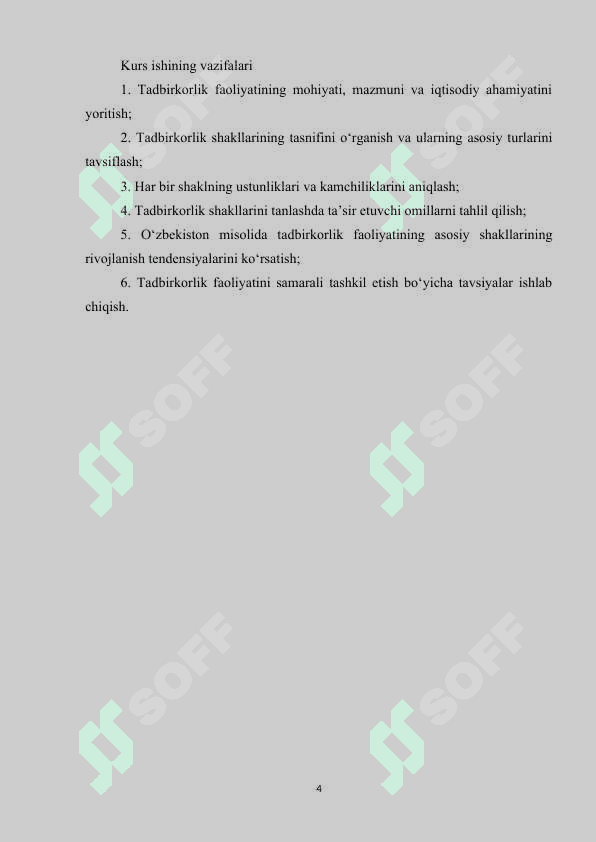 Tadbirkorlik faoliyatining asosiy shakllari. kurs ishi 4