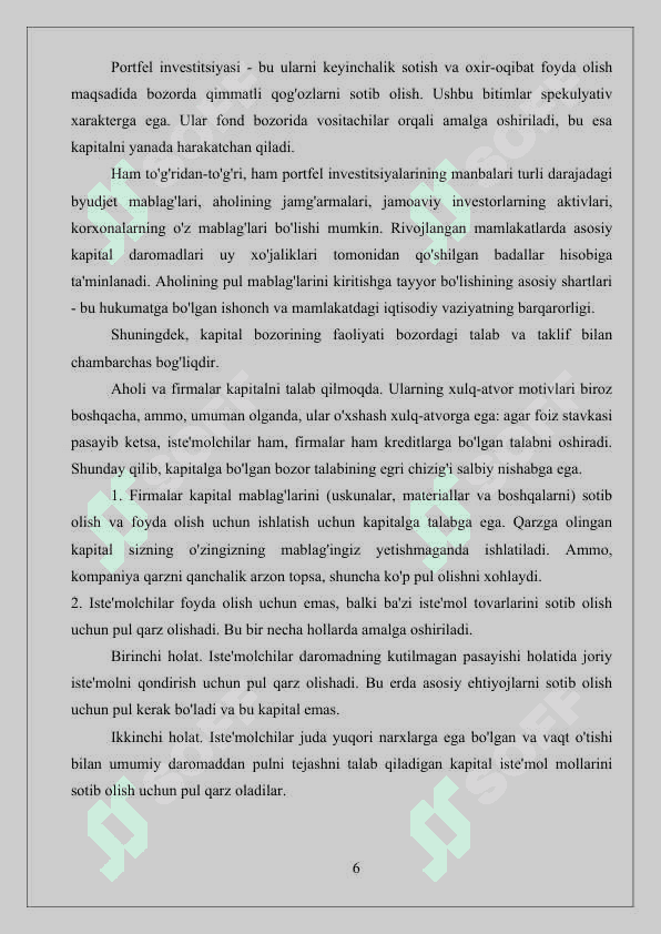 Kapital bozori va uning shakllanish yo`nalishlari 6