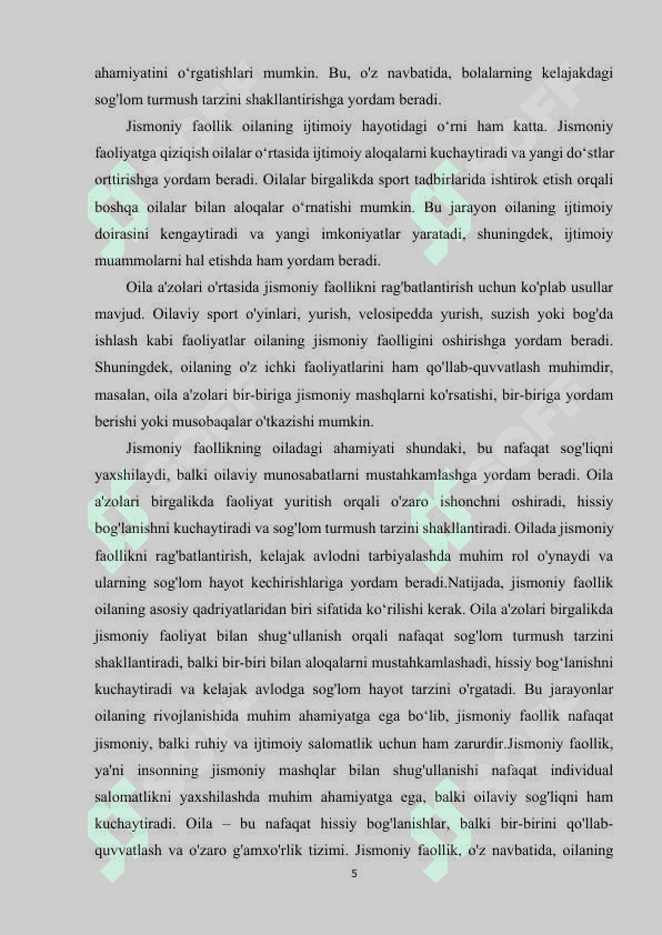 Oilada mustaqil jismoniy mashqlar bilan shug'ullanish mashg‘ulotlari. 5