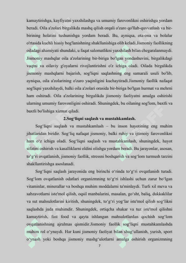 Oilada mustaqil jismoniy mashqlar bilan shug'ullanish mashg‘ulotlari. 7