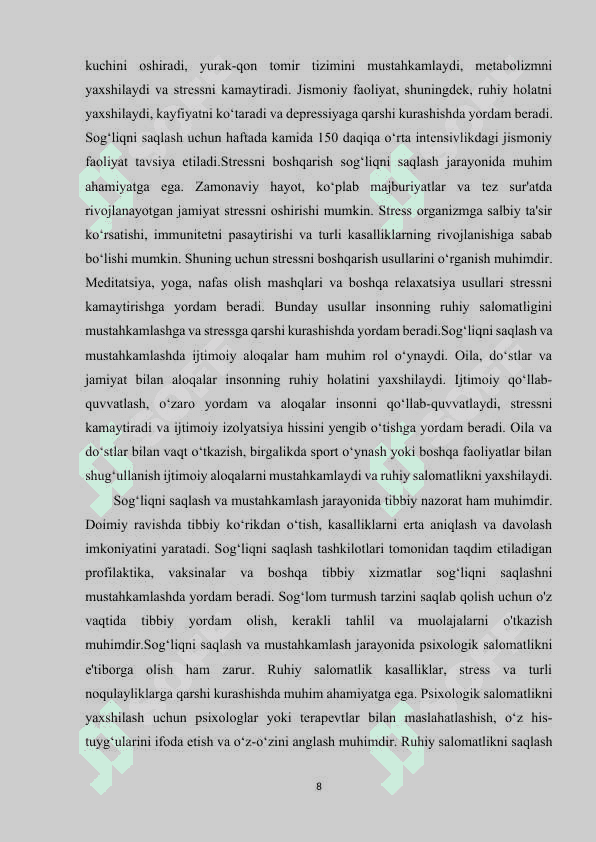 Oilada mustaqil jismoniy mashqlar bilan shug'ullanish mashg‘ulotlari. 8