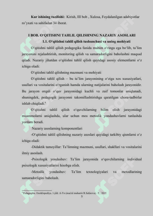 Kurs ishi O'qitishni tahlil qilish va ta'lim nazoratini boshqarish 5