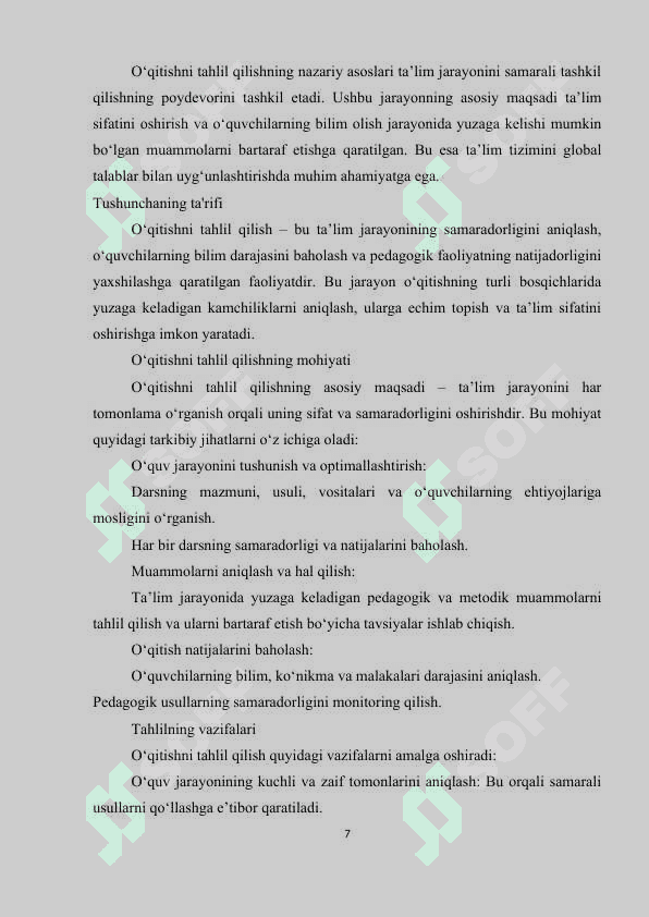 Kurs ishi O'qitishni tahlil qilish va ta'lim nazoratini boshqarish 7
