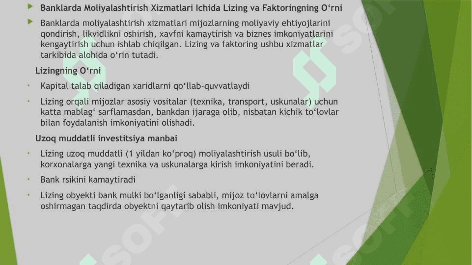 Banklarda lizing va faktoring operatsiyalarining buxgalteriya hisobi 7