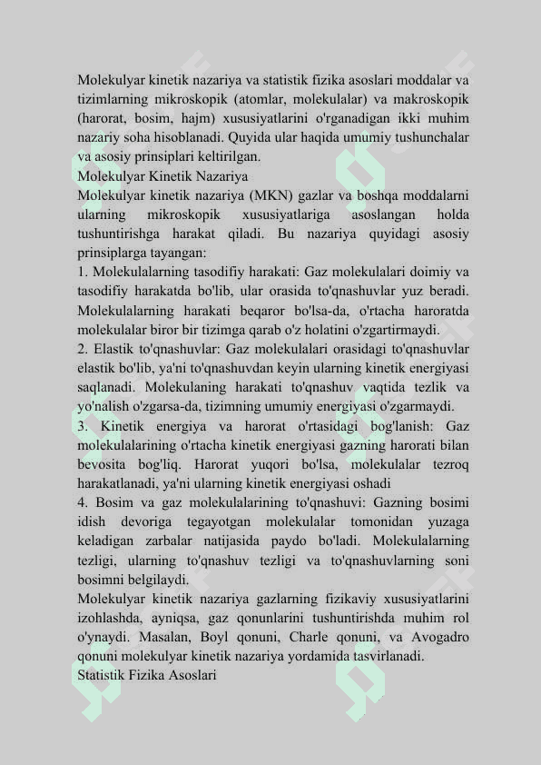 Molekular kinetik nazariya va statistik fizika asoslari. 2