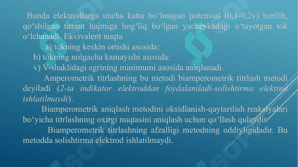 Amperometrik analiz metodi. Amperometrik titrlashdagi titrlash egrilari 5