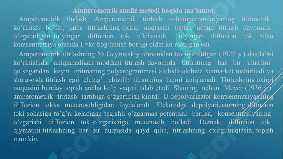Amperometrik analiz metodi. Amperometrik titrlashdagi titrlash egrilari 6