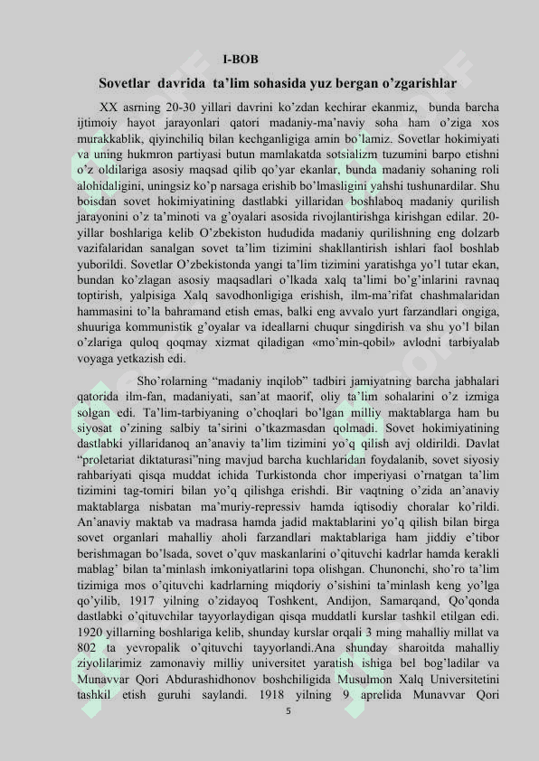 O’ZBEKISTONDA SOVET DAVRIDA OLIY  TA’LIM TIZIMI kurs ishi 5