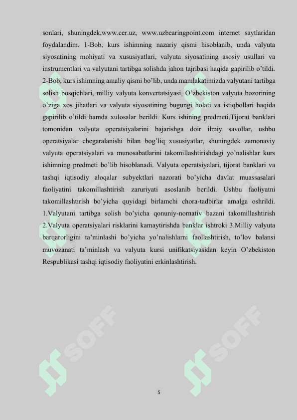 O'zbekiston Respublikasi  valyuta siyosati kurs ishi 5