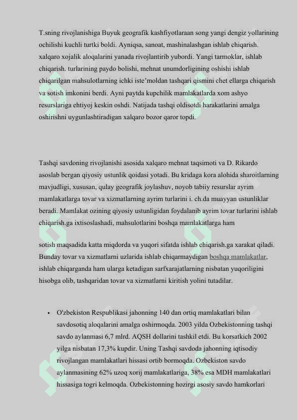 O'zbekiston Respublikasining tashqi savdo siyosati kurs ishi 6