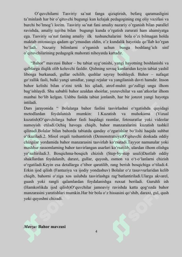 "Bahor" Tasviriy san'at fanidan MIKRODARS (Dars ishlanmasi) 4