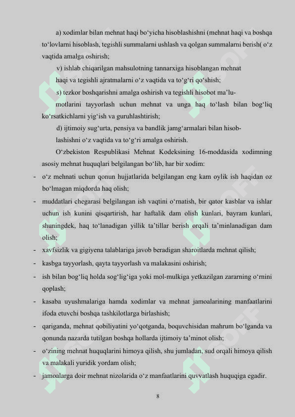 Mehnat va ish haqini dastlabki hujjatlarda rasmiylashtirish,sintetik analitik hisobni tashkil etish 8