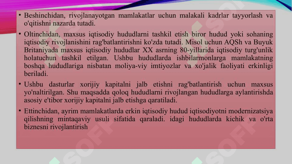 Erkin iqtisodiy zonalarni tashkil etish maqsadi, vazifalari va turlari 3