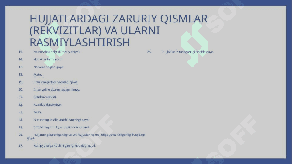 Hujjatlar ustida ishlash tartibi. Hujjatlarning  zaruriy qismlari (rekvizitlar) va ularni rasmiylashtirish, ish yuritishda qo’llaniladigan blankalar 4