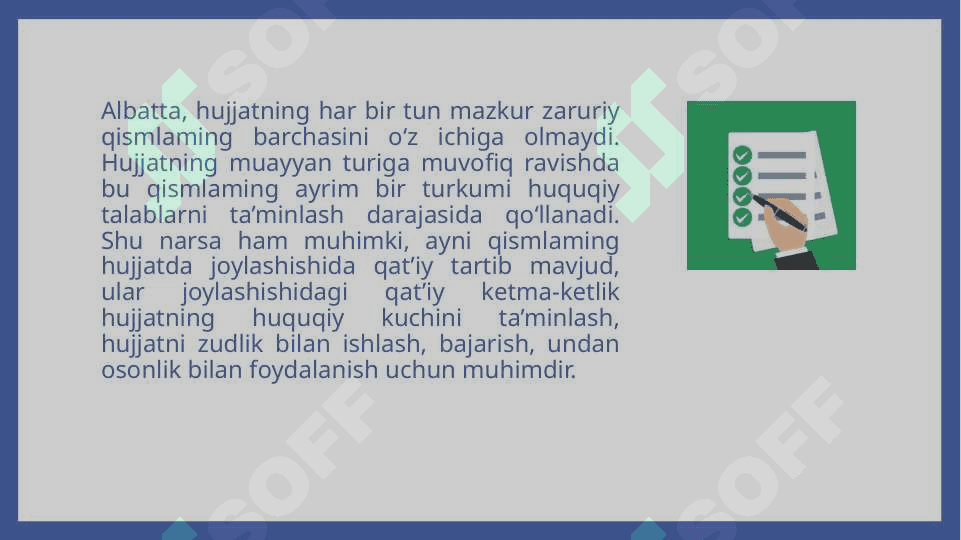 Hujjatlar ustida ishlash tartibi. Hujjatlarning  zaruriy qismlari (rekvizitlar) va ularni rasmiylashtirish, ish yuritishda qo’llaniladigan blankalar 5