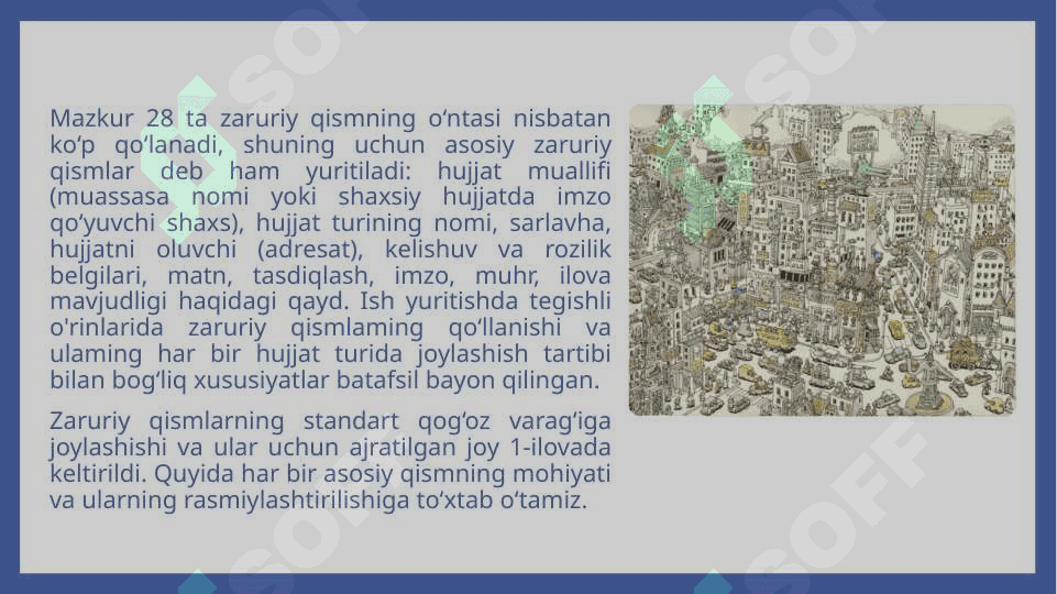 Hujjatlar ustida ishlash tartibi. Hujjatlarning  zaruriy qismlari (rekvizitlar) va ularni rasmiylashtirish, ish yuritishda qo’llaniladigan blankalar 6