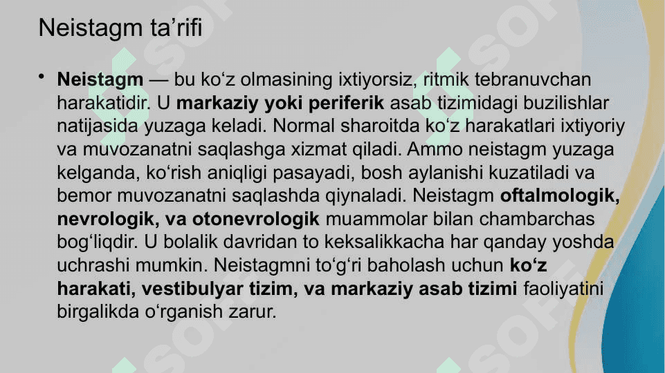 Nistagim va uning turlari . Neistagm 2