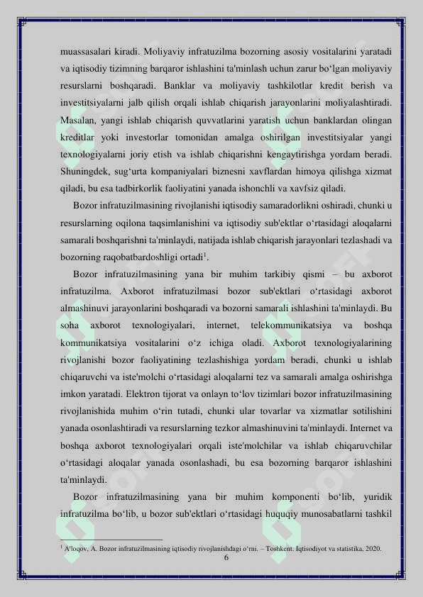 Bozor infratuzilmasi, uning asosiy sohalari va unsurlari 6