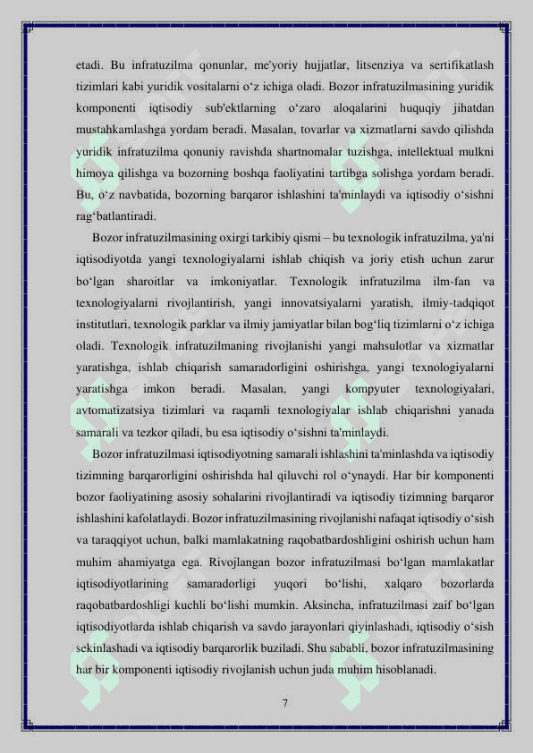 Bozor infratuzilmasi, uning asosiy sohalari va unsurlari 7