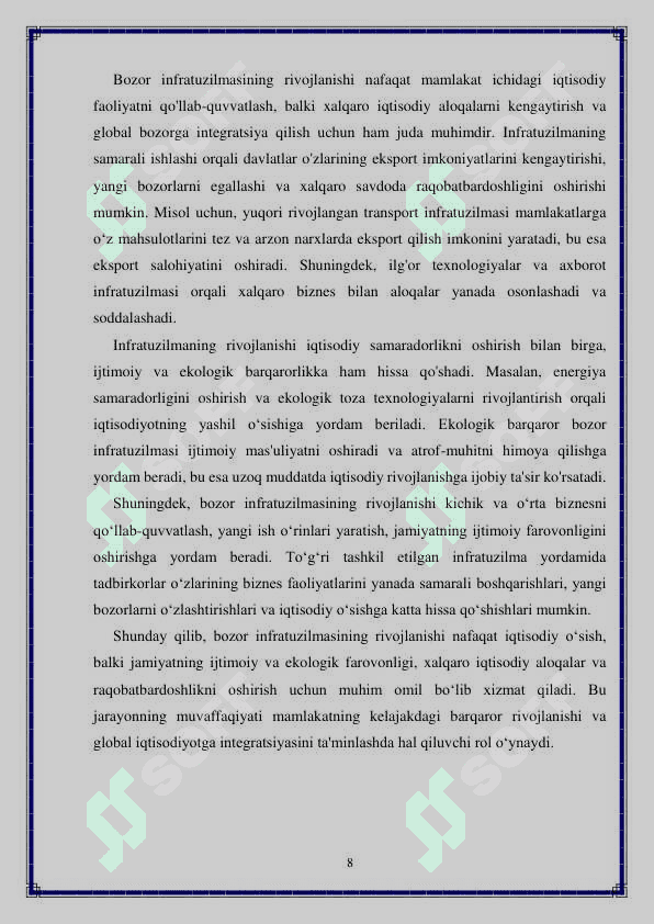 Bozor infratuzilmasi, uning asosiy sohalari va unsurlari 8