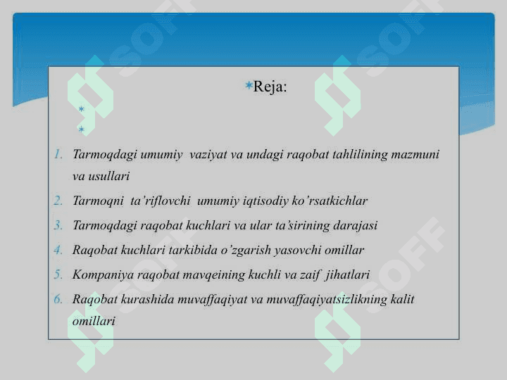 Tarmoqdagi umumiy vaziyat va undagi raqobat strategiyasini ishlab chiqish 2