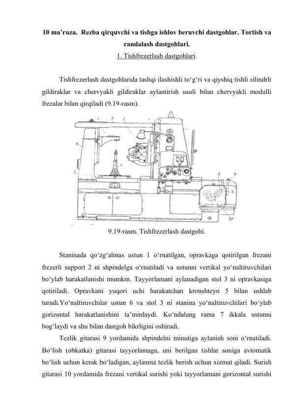 Rezba qirquvchi va tishga ishlov beruvchi dastgohlar. Tortish va randalash dastgohlari.