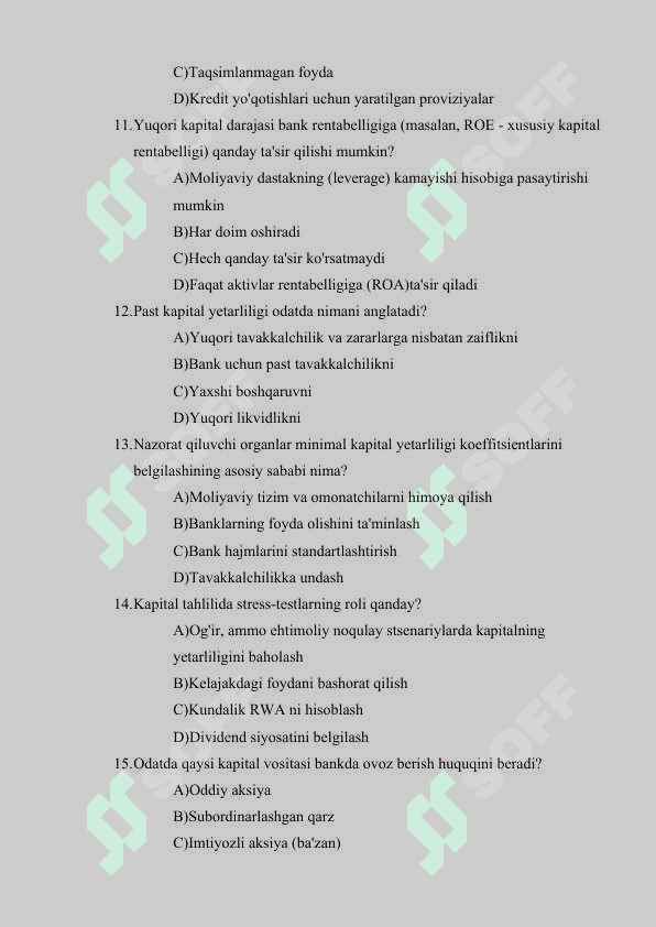 BANK TAHLILI BO'YICHA VA BANK SOHASI BO'YICHA KRASSVORD, TEST, KEYS LARDAN IBORAT 16 TALIK TOPSHIRIQLAR JAVOBLARI BILAN 6