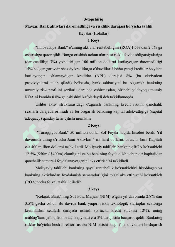 BANK TAHLILI BO'YICHA VA BANK SOHASI BO'YICHA KRASSVORD, TEST, KEYS LARDAN IBORAT 16 TALIK TOPSHIRIQLAR JAVOBLARI BILAN 8