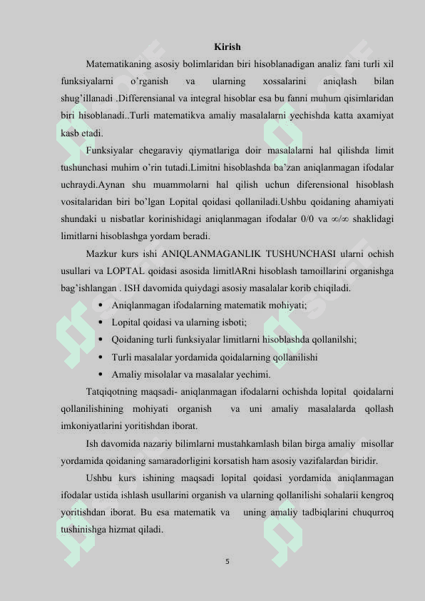 Aniqmasliklarni ochish. Lopital qoidalari 5