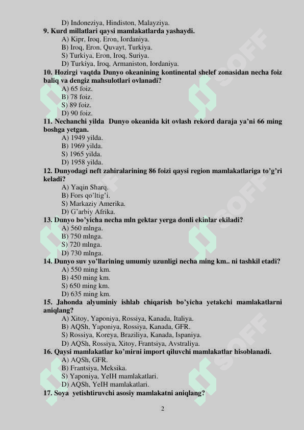 JAHON IQTISODIY VA IJTIMOIY GEOGRAFIYASI FANIDAN TEST 2