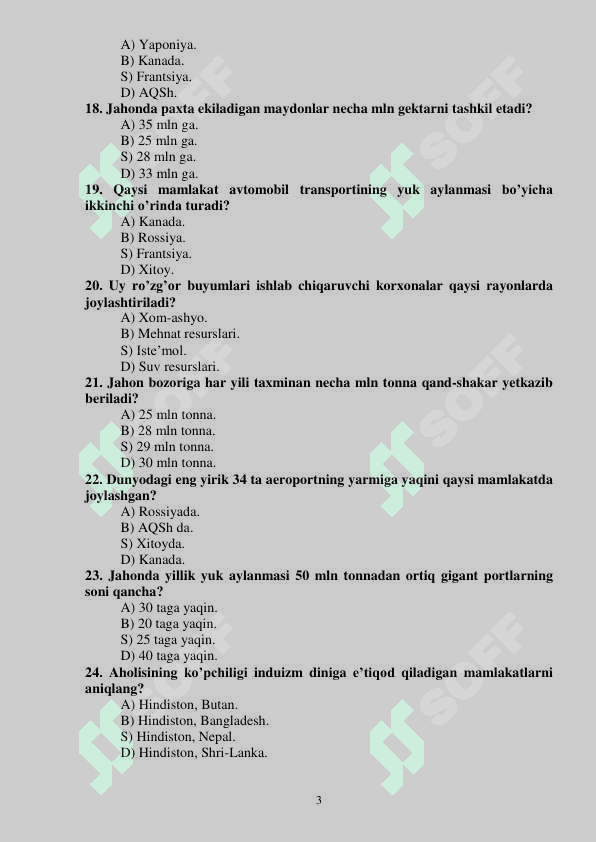 JAHON IQTISODIY VA IJTIMOIY GEOGRAFIYASI FANIDAN TEST 3