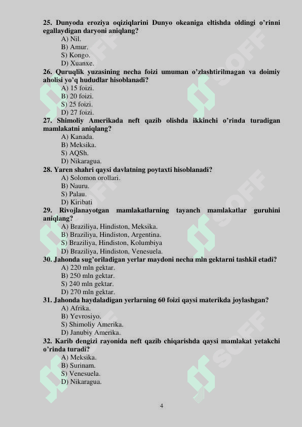 JAHON IQTISODIY VA IJTIMOIY GEOGRAFIYASI FANIDAN TEST 4