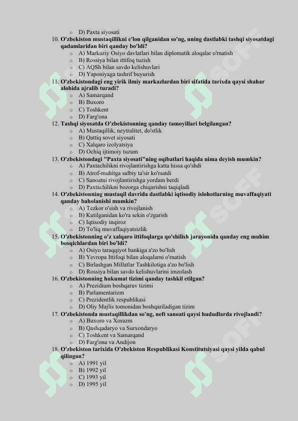 O'zbekirton tarixi 11 -sinf. Majburiy blok uchun testlar 2