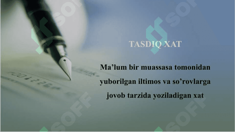 Xizmat yozishmalari...kafolatov xati, tasdiq xati, farmoyish xat, so'rovxati 4