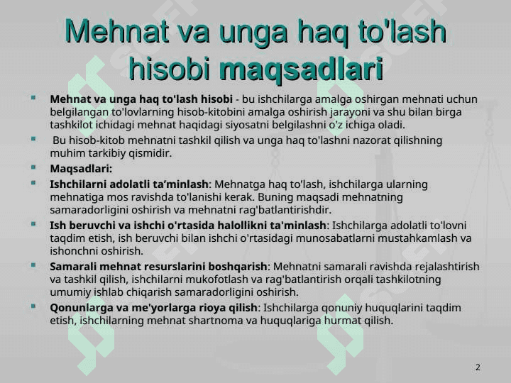 Mehnat va unga haq to’lash hisobi 2