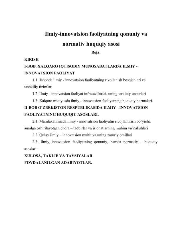 Ilmiy-innovatsion faoliyatning qonuniy va normativ huquqiy asosi