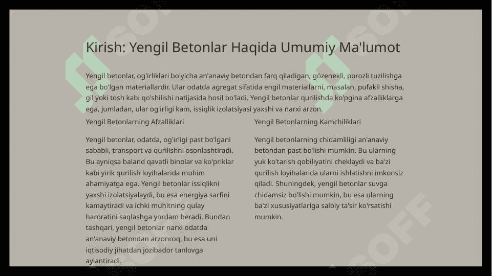 Yengil betonlar tarkibining optimal varianti 2 variant 4