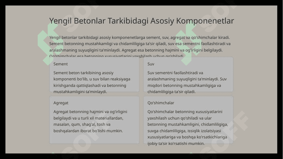 Yengil betonlar tarkibining optimal varianti 2 variant 5